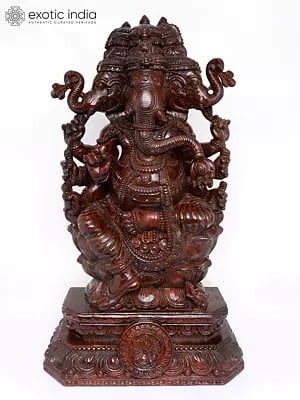 36" Large Three Headed Sitting Lord Ganesha | Wood Carved Statue