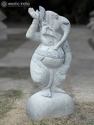 37" Large Granite Stone Statue of Dancing Ganesha on Base