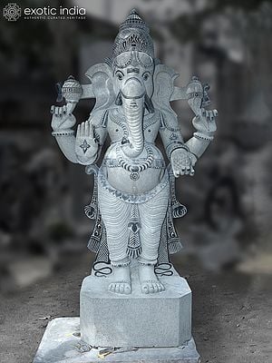 82" Chaturbhuja Standing Ganesha With Base | Large Granite Stone Idol