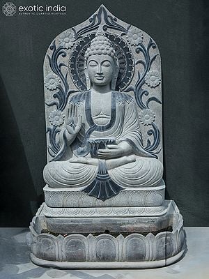 80" Lord Buddha Seated On Lotus Pedestal In Blessing Posture | Large Granite Stone Idol