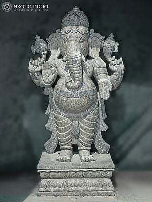 48" Four Armed Lord Ganesha Statue | Large Granite Stone Idol