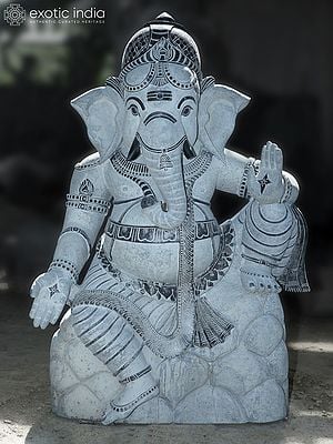 58" Vighnaharta Ganesha in Blessing Posture | Large Granite Stone Statue