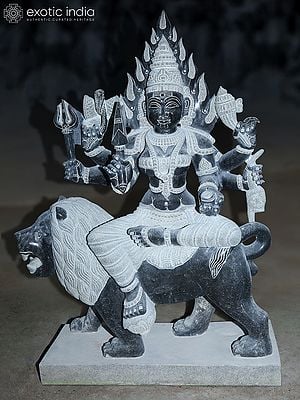 40" Goddess Durga on Lion | Black Granite Stone Statue