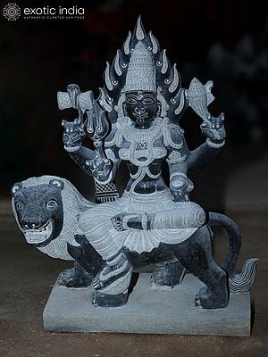 34" Goddess Durga Seated On Lion Idol | Granite Stone Statue