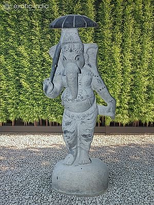 27" Lord Ganesha With Umbrella Idol | Granite Stone Statue