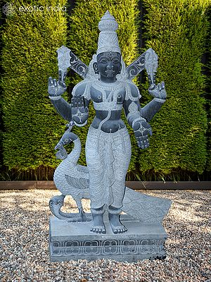 62" Kartikeya Stone Idol with Peacock | Murugan Black Granite Statue