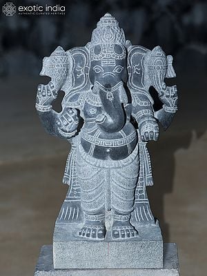 20" Four-Armed Blessing Lord Ganesha Idol | Black Granite Stone Statue