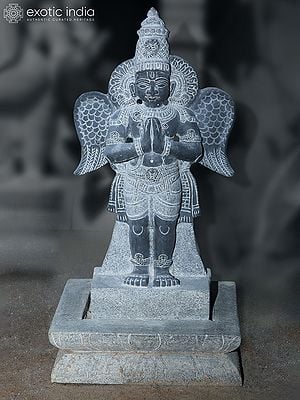 20" Standing Garuda Idol (Vahana of Vishnu) | Black Granite Stone Statue