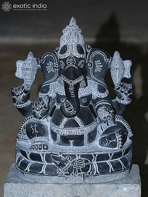 16" Four Armed Seated Lord Ganesha Idol And Holding Modak | Granite Stone Statue