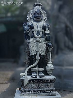 118" Large Statue Of Blessing Lord Hanuman Stone Sculpture | Granite Stone Statue