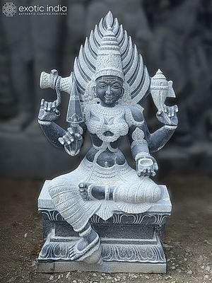 39" Large Finely Carved Goddess Mariamman With Sheshnag Sculpture | Granite Stone Statue