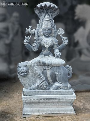 68" Large Goddess Mariamman Seated on Lion | Granite Stone Statue