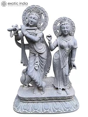 24" Radha Krishna Standing On Pedstal With Peacock | Black Stone Statue