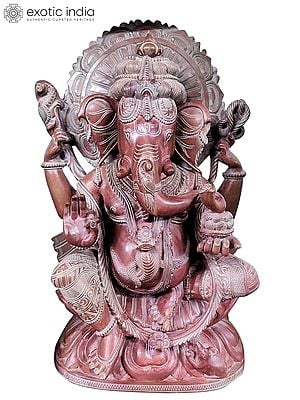 18" Lord Ganesha With Modak In Blessing Mudra | Pink Stone Statue