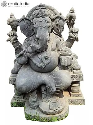 36" Lord Ganesha With Mouse Seated On Singhasan | Black Stone Statue