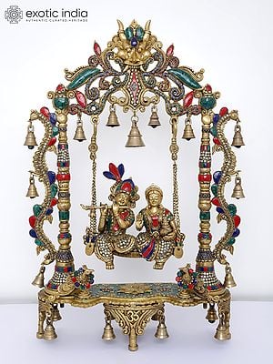 29" Pair of Radha-Krishna on Kirtimukha Swing with Bells | Brass with Inlay Work