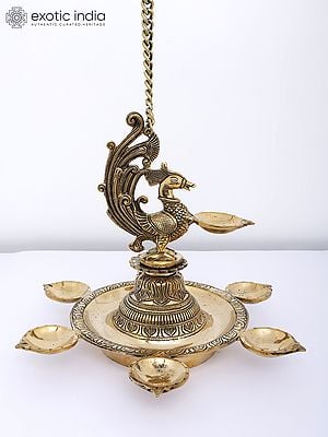 14" Seven Wicks Wall Hanging Peacock Lamp in Brass