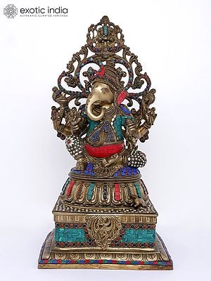 20" Lord Ganesha Seated on High Pedestal with Kirtimukha | Brass Statue with Inlay Work