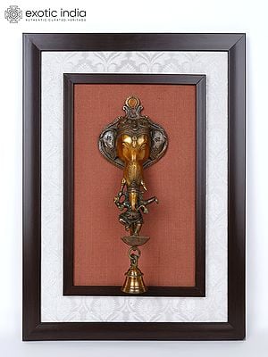 18" Stylish Dancing Ganesha Lamp with Bell | Wood Framed Brass Sculpture | Wall Hanging