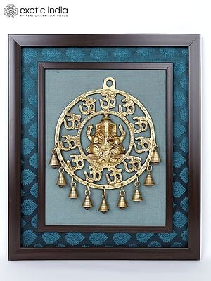 19" Om Ganesha with Dangling Bells | Wood Framed Brass Sculpture | Wall Hanging