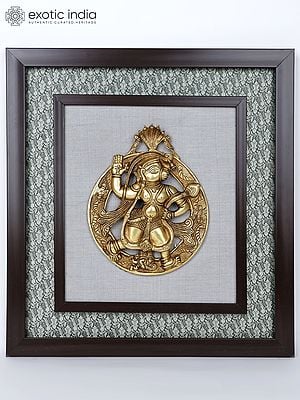 17" Wood Framed Lord Hanuman in Brass | Wall Hanging