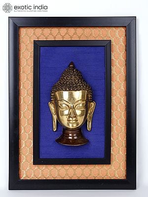 16" Lord Buddha Head Wood Framed Brass Sculpture | Wall Hanging Decor