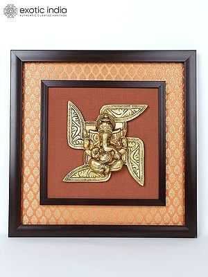 16" Swastik Ganesha | Wood Framed Brass Sculpture | Wall Hanging