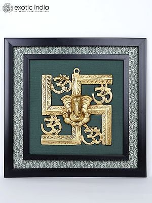 16" Blessing Lord Ganesha with Hindu Symbols Om and Swastik | Wall Hanging Wood Framed Brass Sculpture