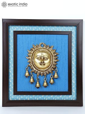 15" Lord Surya with Dangling Bells in Brass | Wood Framed Brass Sculpture | Wall Hanging Decor