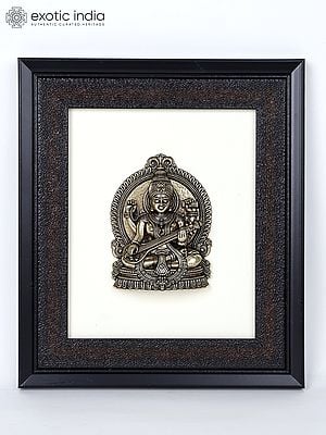 9" Superfine Sitting Goddess Saraswati | Wood Framed Brass Sculpture | Wall Hanging Decor