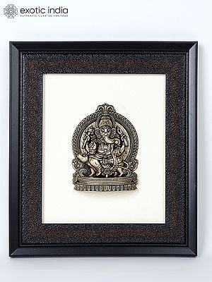 9" Superfine Lord Ganesha Seated on Mushak | Wood Framed Brass Sculpture | Wall Hanging