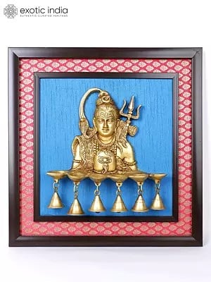 19" Lord Shiva Lamp with Bells | Wood Framed Brass Sculpture | Wall Hanging