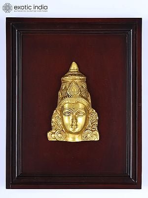 16" Crowned Devi Mukhamandala Mask | Wood Framed Brass Sculpture | Wall Hanging