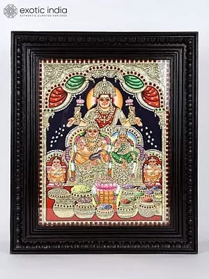 Kubera and Lakshmi Tanjore Painting | Traditional Colors With 24K Gold | Teakwood Frame | Gold & Wood | Handmade | Made In India