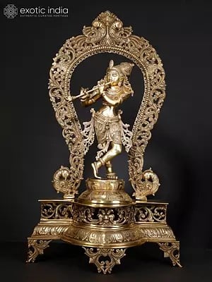 31" Murli Krishna on an Elaborate Pedestal with Impressive Peacock Prabhawali In Brass | Handmade | Made In India