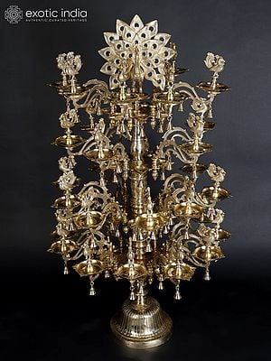 52" Large Sumptuous Dancing Peacock Annam Lamp with Branching Vines and Bells In Brass | Handmade | Made In India