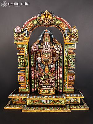 38" Large Colorful Lord Tirupati Balaji (Venkateshvara) with Kirtimukha Prabhavali | Wood Carved Statue