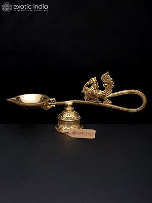 9" Handheld Peacock Aarti Diya with Stand in Brass | Handmade Lamp | Made in India