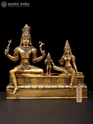 14" Somaskanda: Shiva - Parvati with with Their Son Skanda (Murugan) | Brass Statue