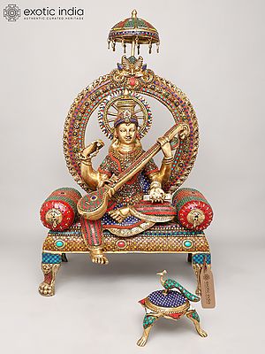 47" Four Armed Goddess Saraswati Seated on Kirtimukha Throne with Her Vahana on A Three-Legged Stool | Brass Statue with Inlay Work