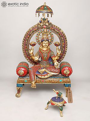 47''  Large Four Armed Blessing Goddess Lakshmi Seated on Kirtimukha Throne with Elephant on Three Legged Pedestal | Brass Statue with Inlay Work
