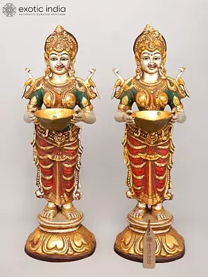 28" Colorful Deep Lakshmi Pair | Brass Statues