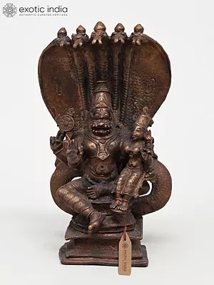 6" Small Lord Narasimha with Devi Lakshmi Protected by Sheshnag | Copper Statue