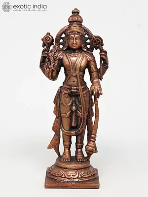 6" Four Armed Standing Lord Vishnu | Small Size Copper Statue