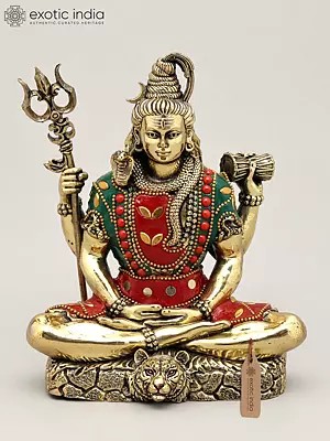 7" Four Hands Sitting Lord Shiva | Brass Statue with Inlay Work