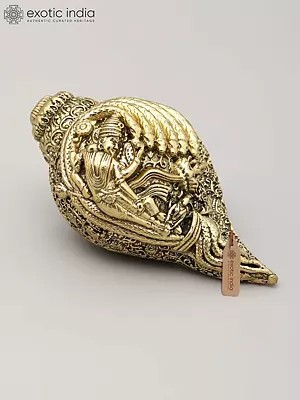 4" Small Superfine Brass Conch (Shankh) with Shesha-Shayi Lord Vishnu