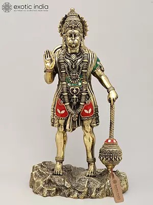12" Superfine Standing Lord Hanuman in Blessing Gesture | Brass Statue with Inlay Work