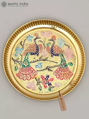 6" Meenakari Peacocks Art Ritual Brass Plate