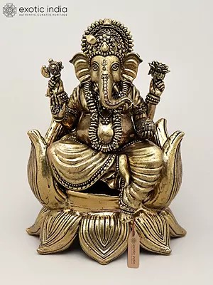 5" Small Superfine Blessing Lord Ganesha Seated on Lotus | Brass Statue