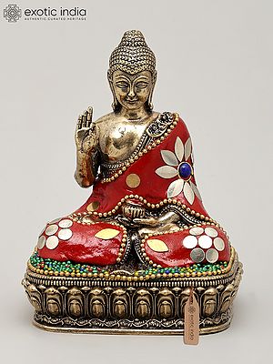 Small Superfine Lord Buddha Seated in Vitark Mudra | Brass Statue with Inlay Work